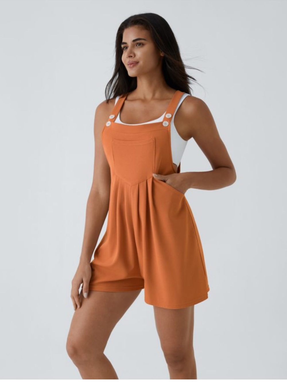 Halara Pockets Waffle Casual Short Overalls Orange - Picture 3 of 8
